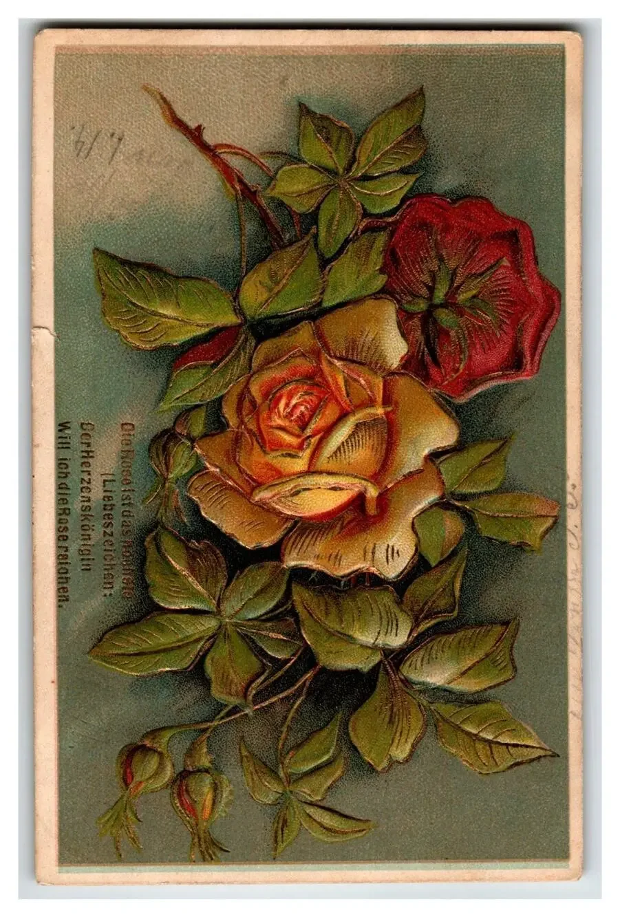 Embossed Yellow & Red Roses Birthday Postcard - German Text, Posted Hellas Stamp